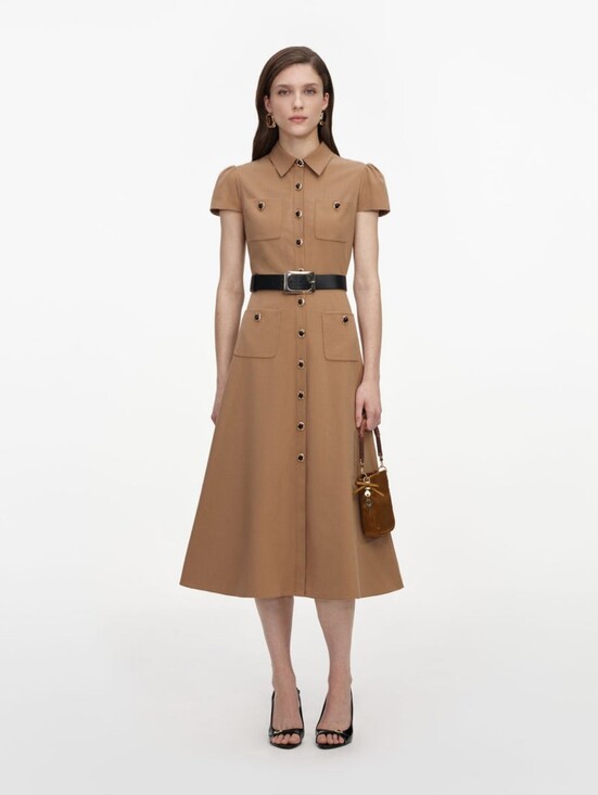 Self-Portrait Dresses & Skirts - Self Portrait Tan Twill Belted Midi Dress